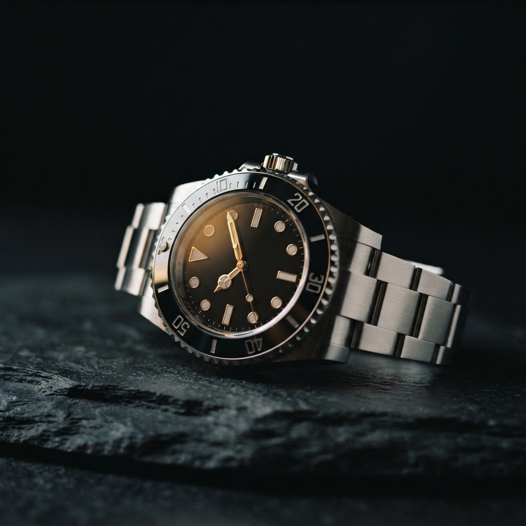 A luxury Rolex watch photographed on a dark surface under soft light