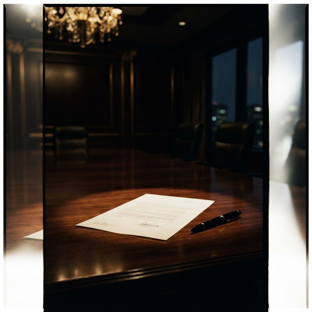 A dark, minimal boardroom setting representing a business acquisition