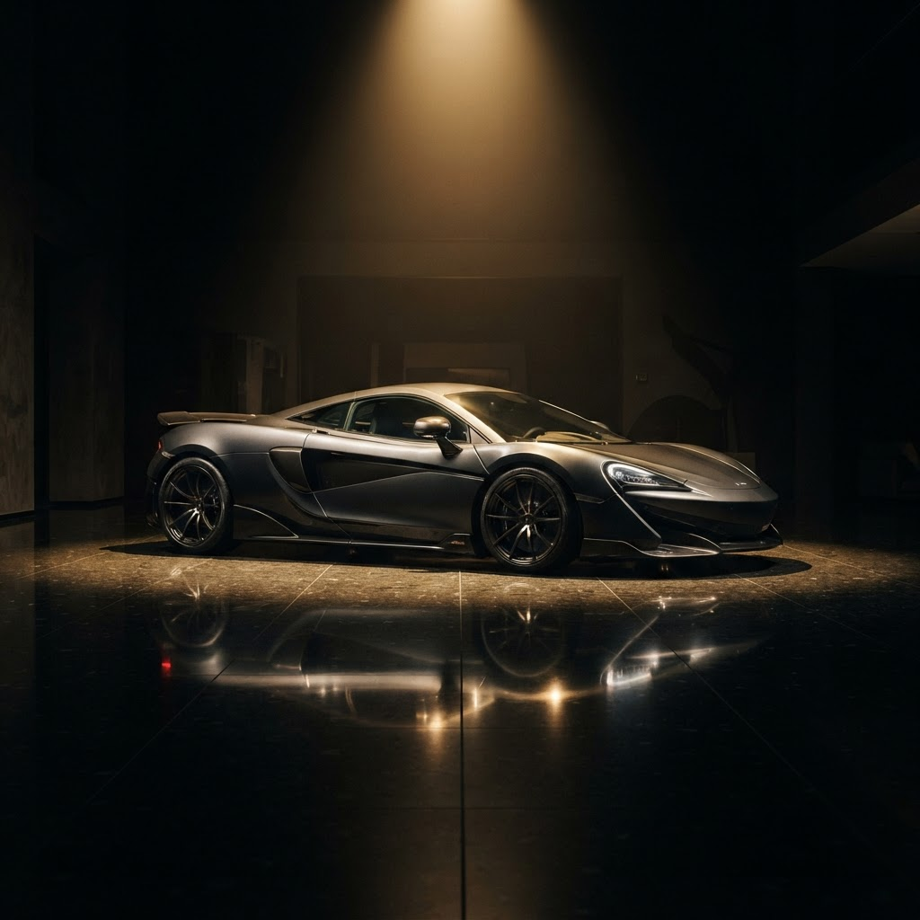 A luxury sports car in a dark showroom under dramatic lighting
